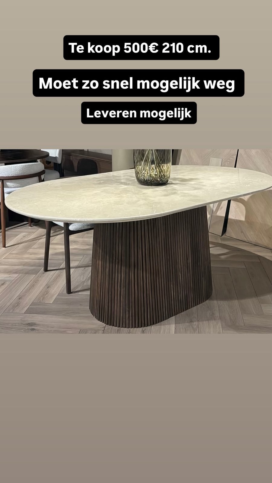 Ovale travertin eettafel - Japandi - 210cm, Huis en Inrichting, Ophalen, Zo goed als nieuw