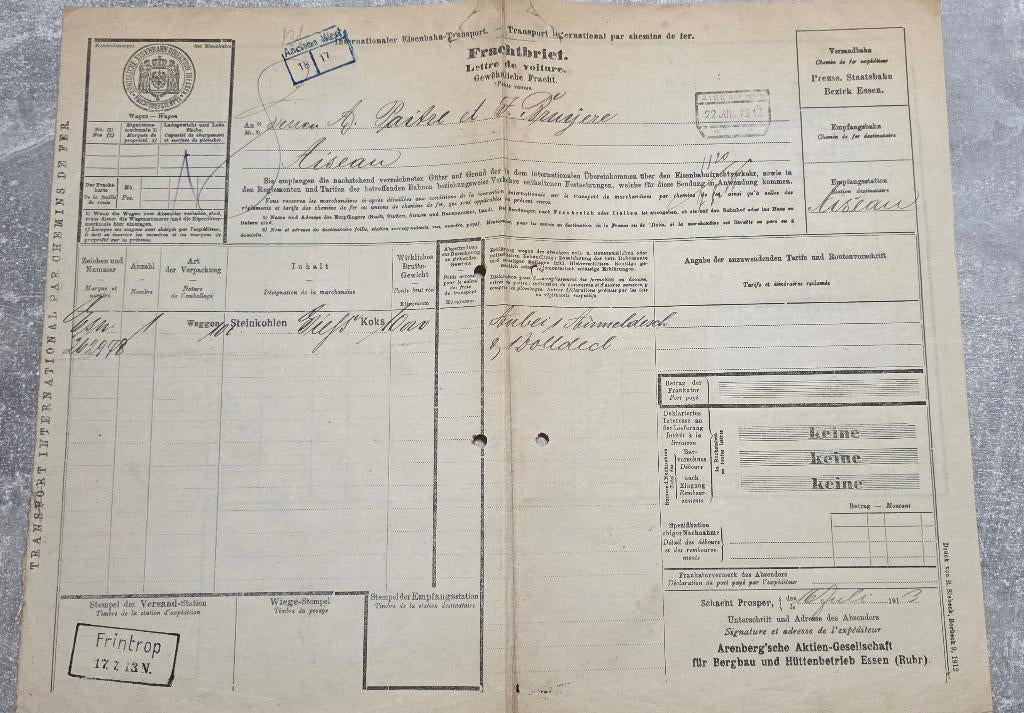 1913+Fonderie d'Aiseau+Paitre et Bruyère+Farciennes, Enlèvement, Lettre