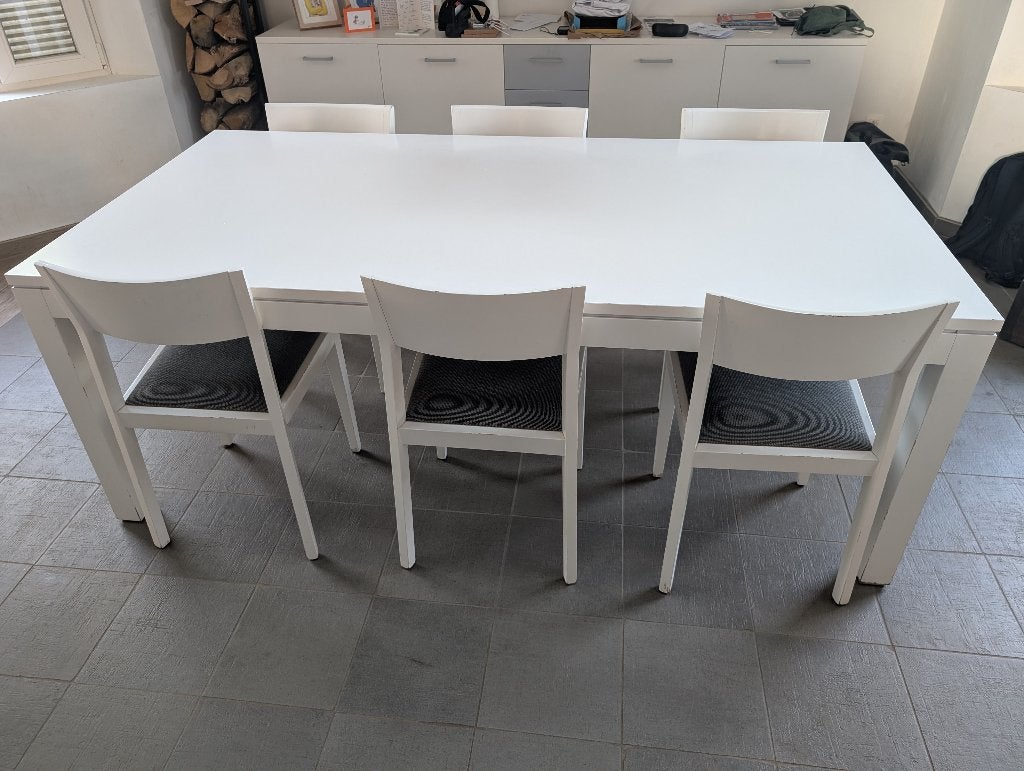 witte Evan eettafel en 6 stoelen, Ophalen, Gebruikt, 50 tot 100 cm, Vijf personen of meer