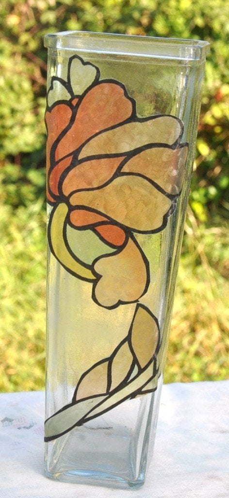 vase carré avec deco fleur adhésif, Huis en Inrichting, Gebruikt, Transparant, 25 cm, Ophalen of Verzenden