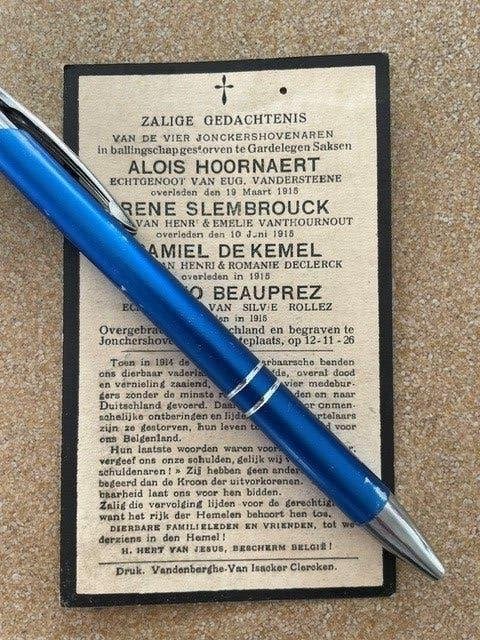 OORLOG14-18 4 Jonkershovenaren gestorven Ballingschap 1915, Verzamelen, Bidprentjes en Rouwkaarten, Ophalen of Verzenden, Bidprentje