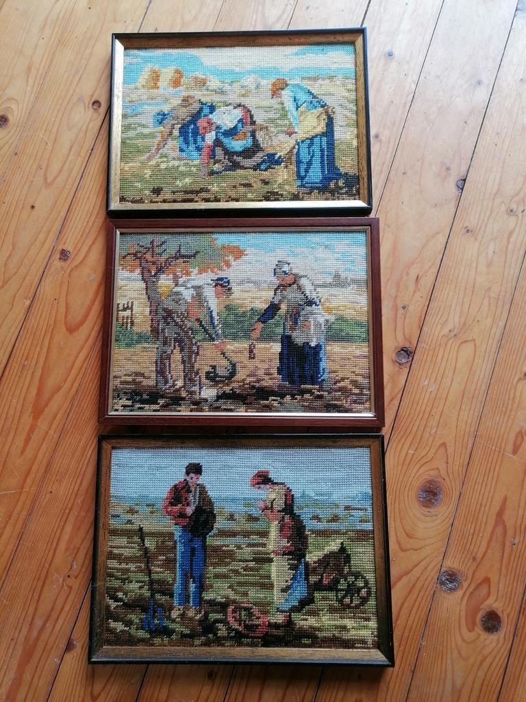 Ensemble de 3 peintures vintage brodées à la main, rurales, Antiquités & Art, Art | Peinture | Classique, Enlèvement