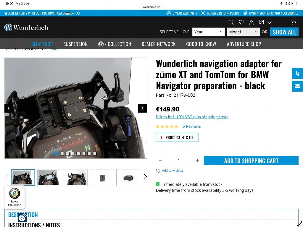 Wunderlich navigatie adapter BMW motoren, Motoren, Ophalen of Verzenden, Zo goed als nieuw