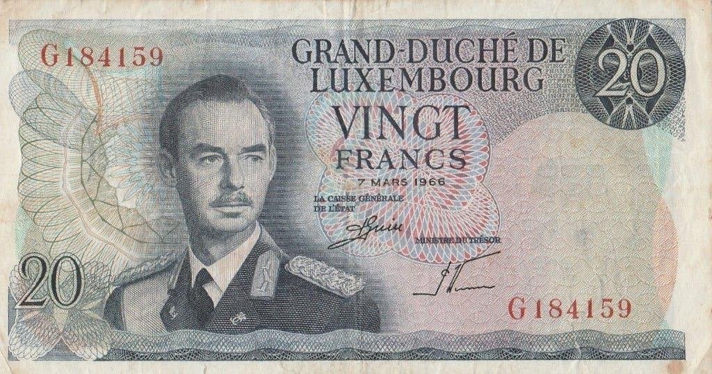Luxemburgs bankbiljet van 20 frank uit 1966., Ophalen of Verzenden, Overige landen, Los biljet