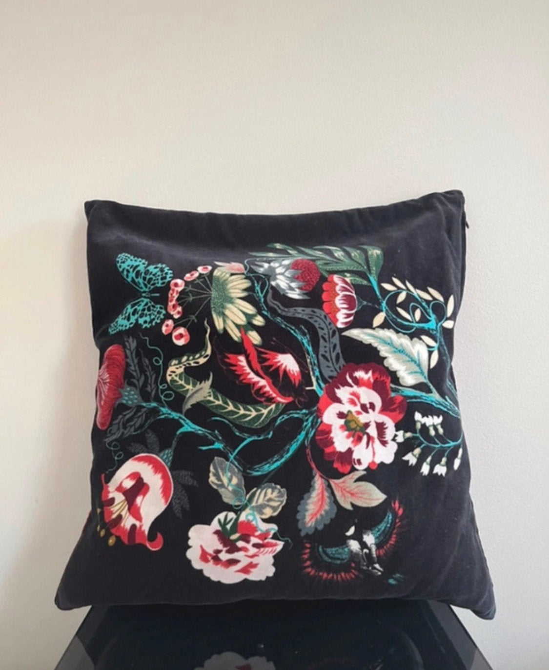 Coussin en velours avec imprimé botanique 50x50cm, Enlèvement ou Envoi, Comme neuf, Noir, Coussin décoratif