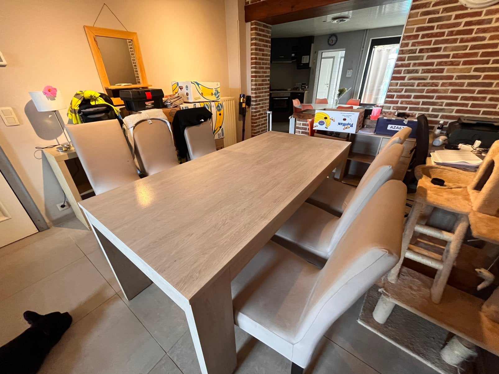 Eettafel en buffetkast Grey Oak, Ophalen, Zo goed als nieuw, Rechthoekig