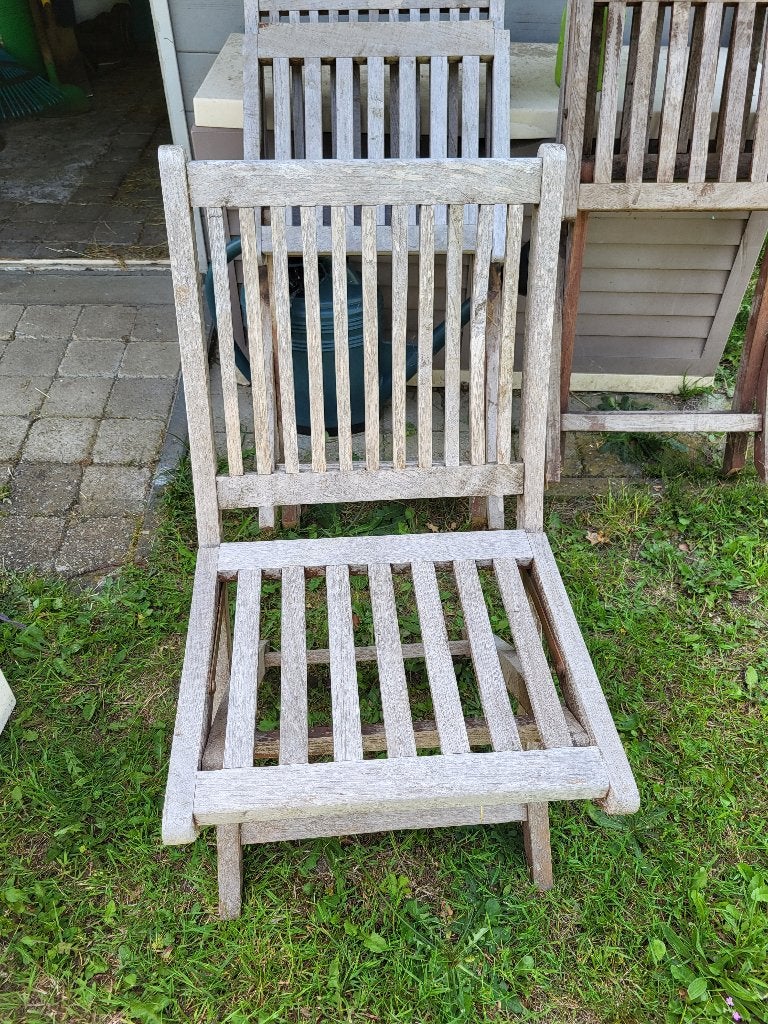 3 Stevige tuinstoelen met 3 kussens, Tuin en Terras, Ophalen, Gebruikt, Hout, Inklapbaar