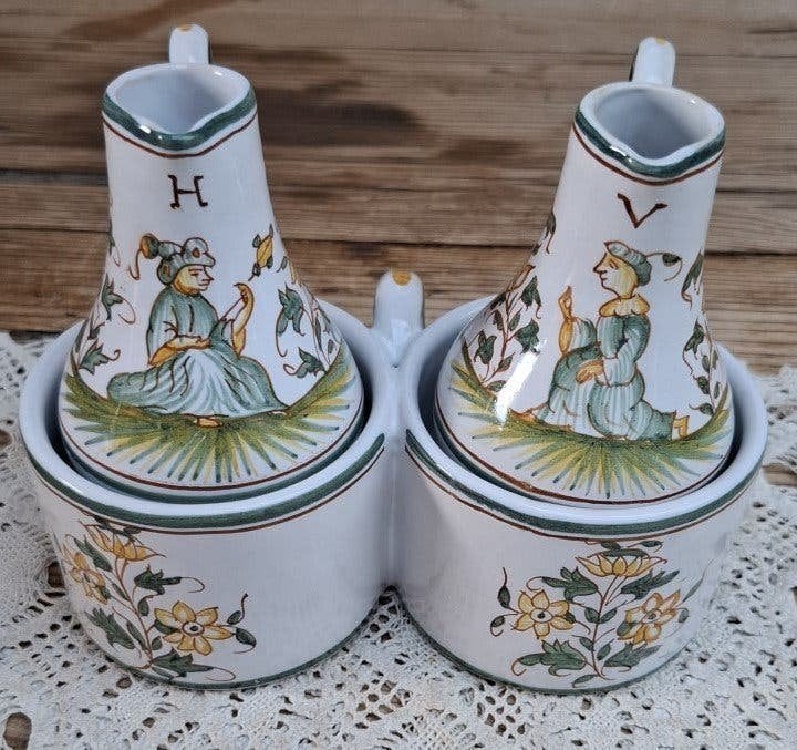Oud Frans olie en azijn kannetjes in houder, Emile Tessier, Ophalen of Verzenden