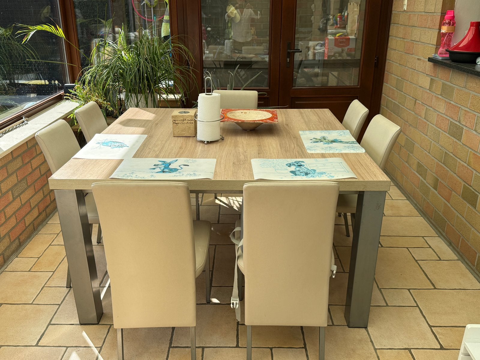 Vierkante zware metalen Tafel 140 x 140 en  stoelen, Ophalen, Kunststof, Vierkant, Zo goed als nieuw