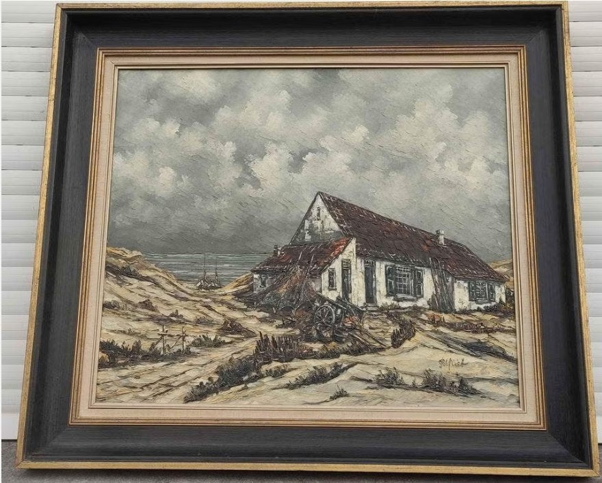 Huile sur toile maison au bord de mer signe plefiet, Antiquités & Art, Enlèvement, Toile