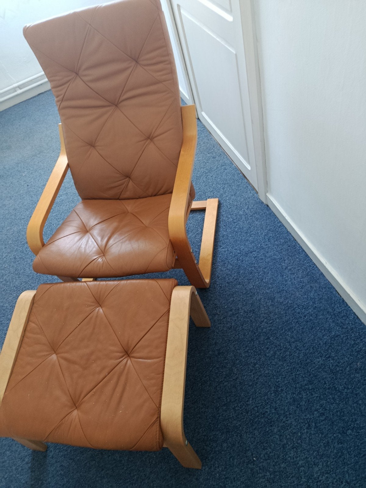 Ensemble Fauteuil IKEA POÄNG + Repose-pieds – Cuir véritable, Maison & Meubles, Fauteuils, Enlèvement, Bois