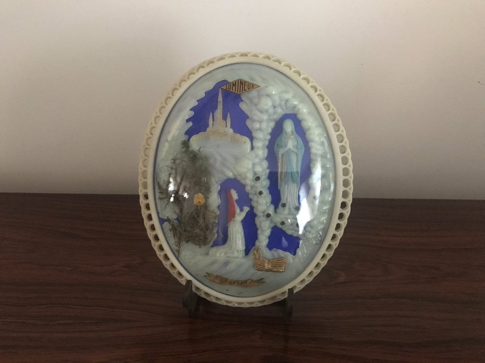 Retro lijst ovaal Lourdes Lumineux Maria grot bolle zijde, Antiek en Kunst, Ophalen of Verzenden