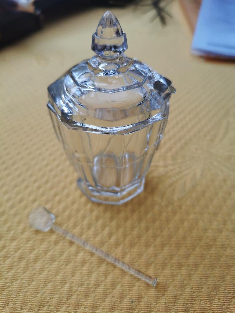 Antiek glazen mosterdpotje met deksel en glazen lepeltjes., Antiek en Kunst, Ophalen of Verzenden