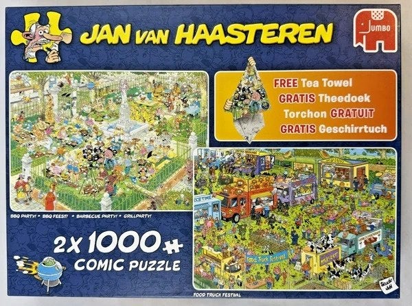 Jan van Haasteren Puzzel 2x1000 Bbq feest Food truck festiva, Verzenden, 500 t/m 1500 stukjes, Zo goed als nieuw, Legpuzzel
