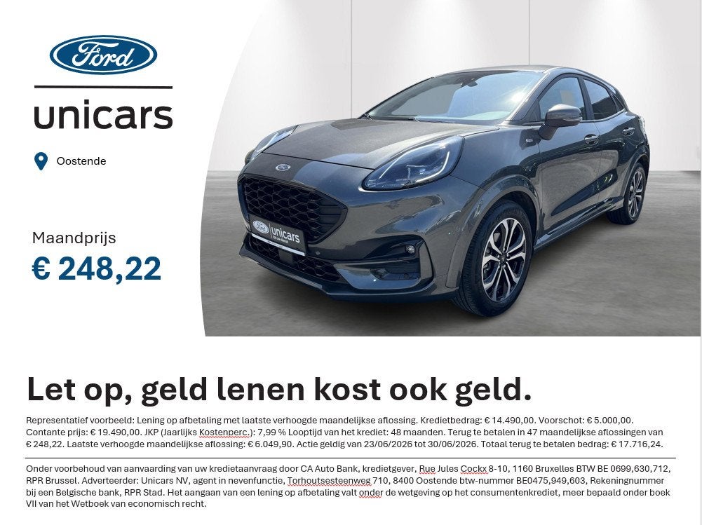 Ford Puma 1.0i Ecoboost mHEV 92kW ST-Line, Auto's, Ford, Stof, Bedrijf, 5 deurs, 3 cilinders