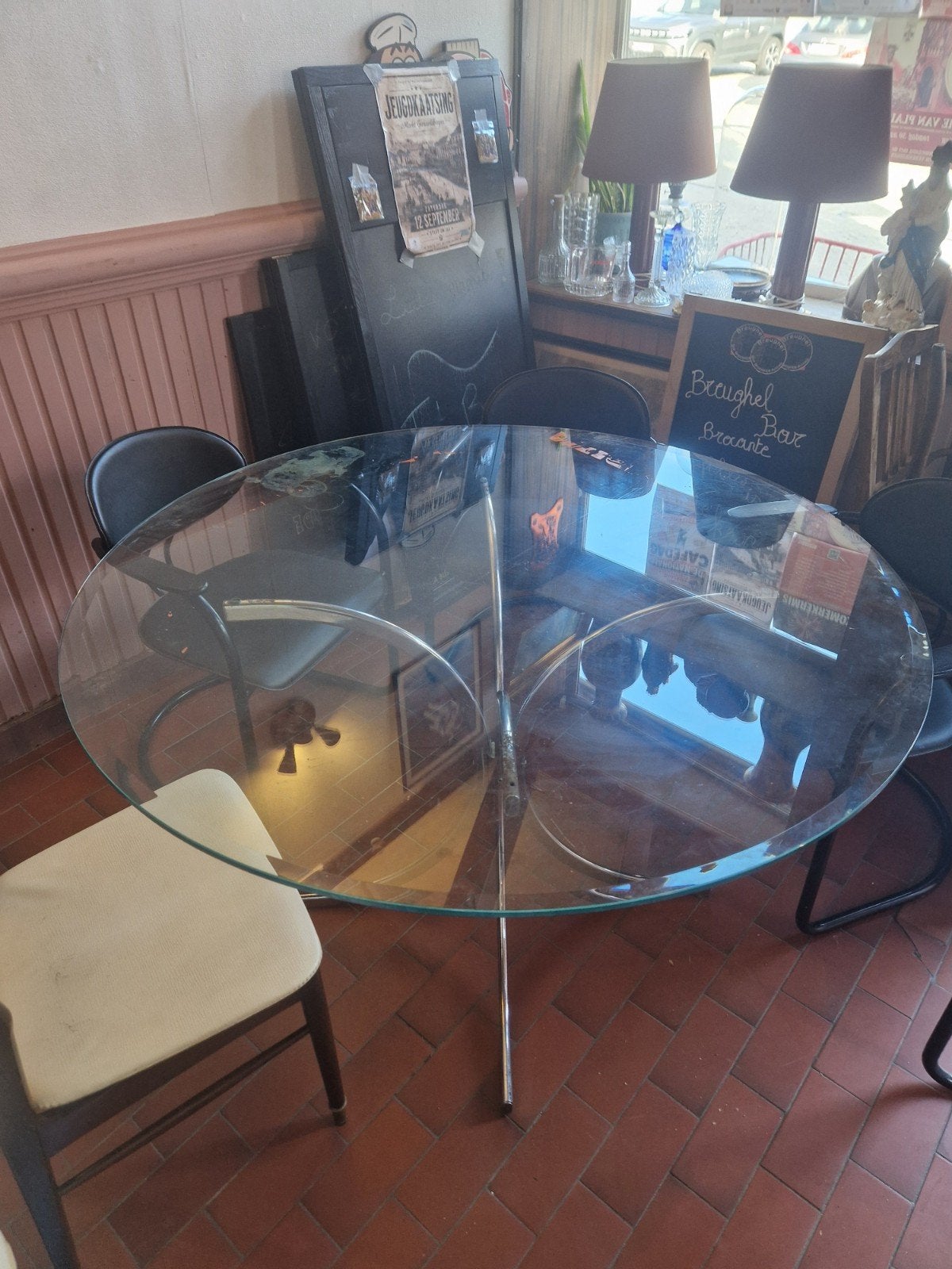 Vintage ronde glazen eettafel Ø130 cm – chroom – jaren 60/70, Enlèvement, Utilisé, Rond, Verre