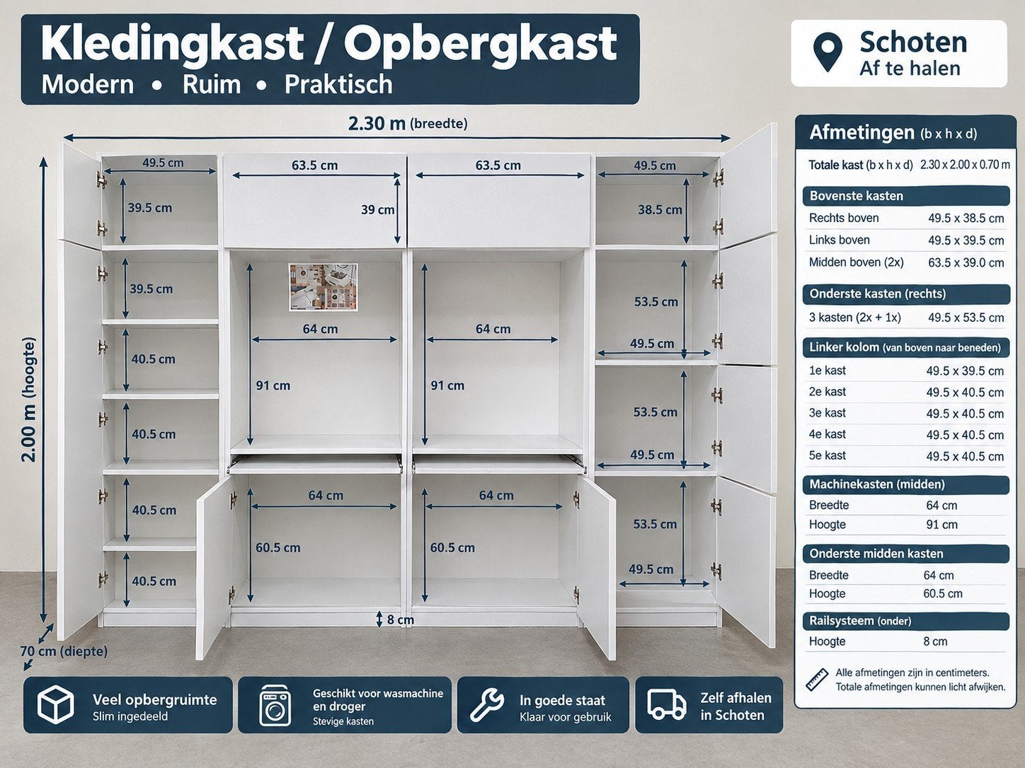 Grote witte kledingkast / opbergkast 230200 cm – ook voor w, Huis en Inrichting, Ophalen, Nieuw