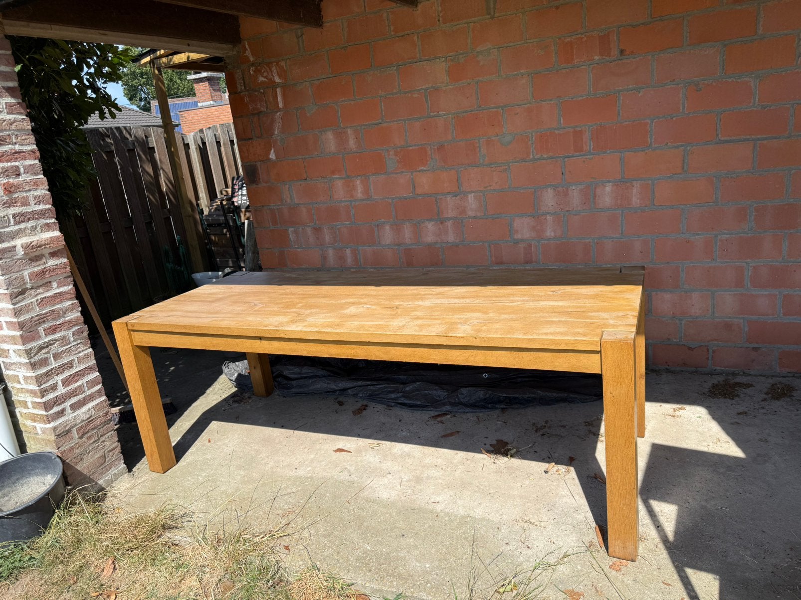 Massief eiken tafel 220 x 86cm, Ophalen, Gebruikt, 200 cm of meer, 50 tot 100 cm