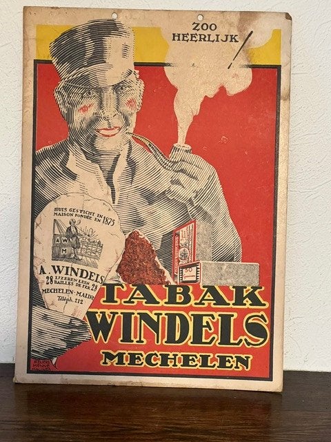 Plaque publicitaire vintage en carton Tabak Windels Mechelen, Enlèvement