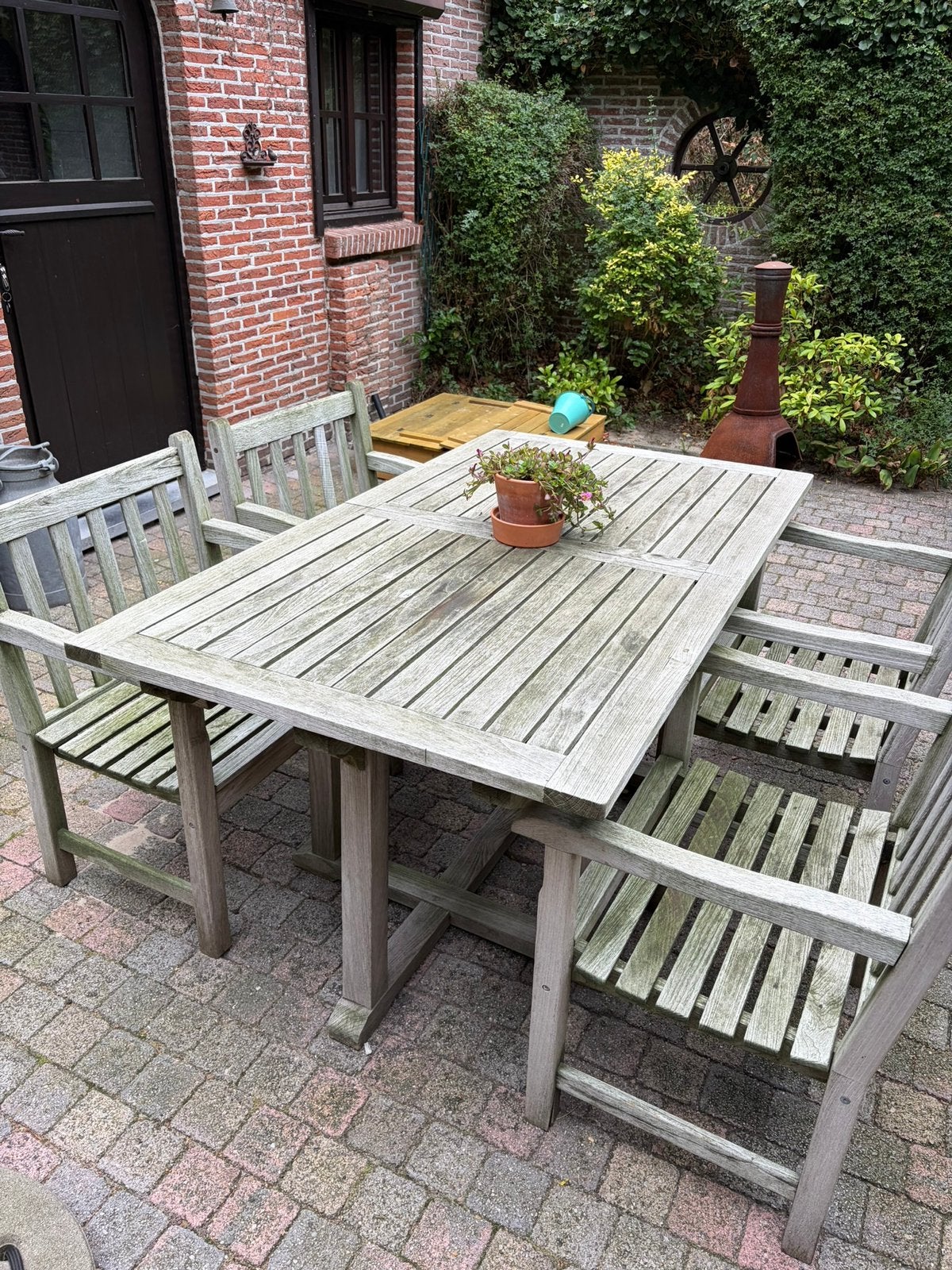 Tuinset met 4 stoelen, uitschuifbaar, Tuin en Terras, Ophalen, 4 zitplaatsen, Gebruikt, Teakhout