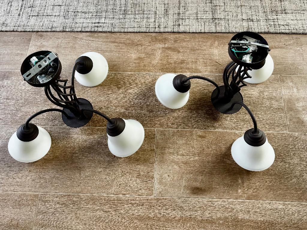 1 of 2 luster, hanglamp landelijke stijl, glas en metaal, Huis en Inrichting, Ophalen of Verzenden, Gebruikt, Glas, Minder dan 50 cm