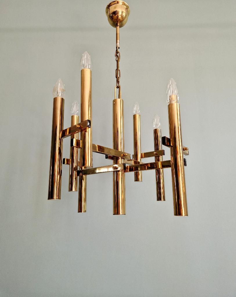 Lustre géométrique en laiton, style Hollywood Regency, 1970, Antiquités & Art, Antiquités | Éclairage, Enlèvement ou Envoi