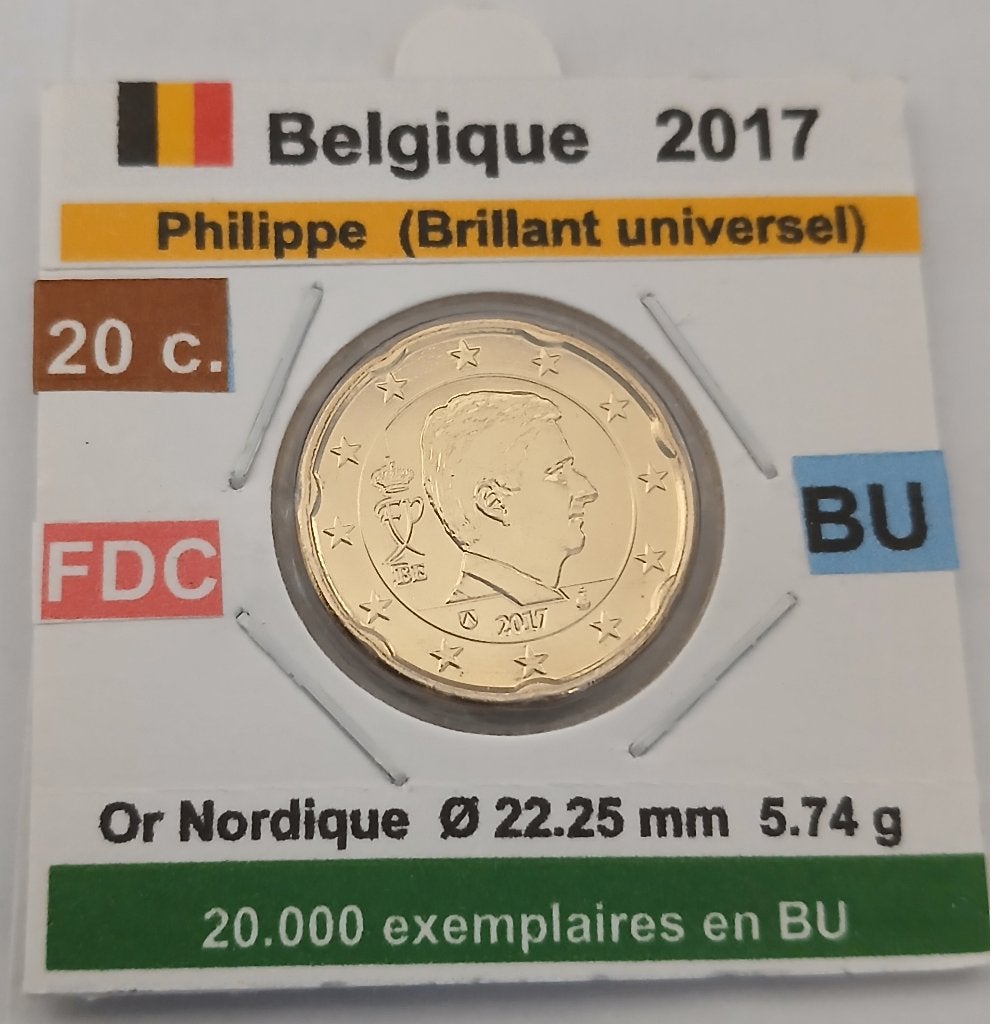 Belgique 20 cent Philippe 2017 FDC/ BU 20.000 ex., Timbres & Monnaies, Monnaie en vrac, Belgique, 2 euros, Or