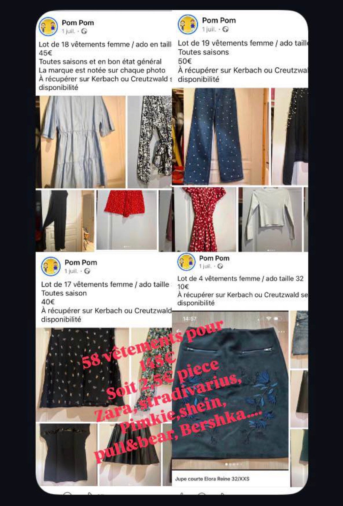 4 lots de vêtements 32 /34 / 36/38, Enlèvement, Porté