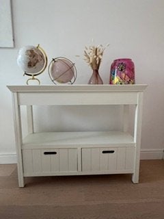 tijdloze wandtafel wit hout met 2 laden, 100 à 150 cm, 25 à 50 cm, Comme neuf, Enlèvement