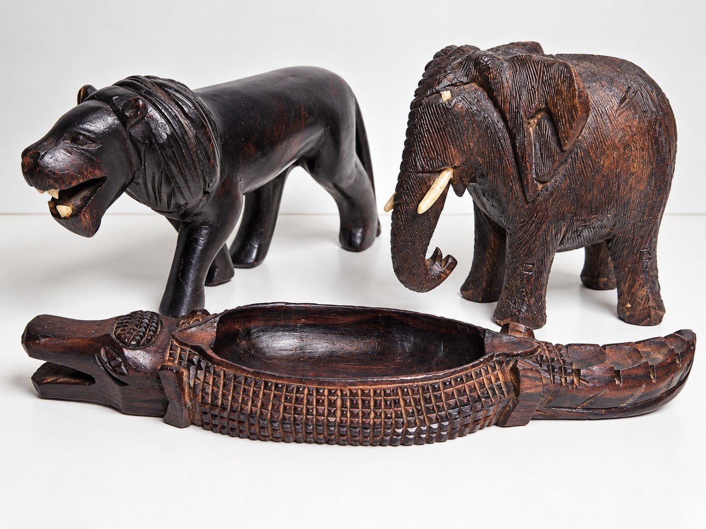 Vintage set van 3 handgesneden houten dieren, Antiek en Kunst, Houtsnijwerk, Ophalen of Verzenden, Handgemaakt, Hout