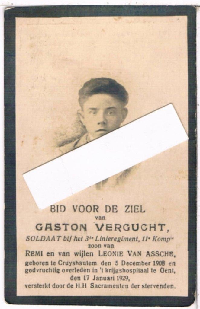 Soldaat. Vergucht Gaston. ° Cruyshautem 1908 † Gent 1929, Verzamelen, Bidprentjes en Rouwkaarten, Ophalen of Verzenden, Bidprentje