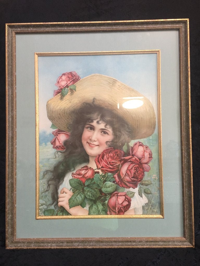Prachtige originele antieke litho meisje met hoed en rozen, Ingelijst, Ophalen, Personages en Fantasiefiguren, Lithografie