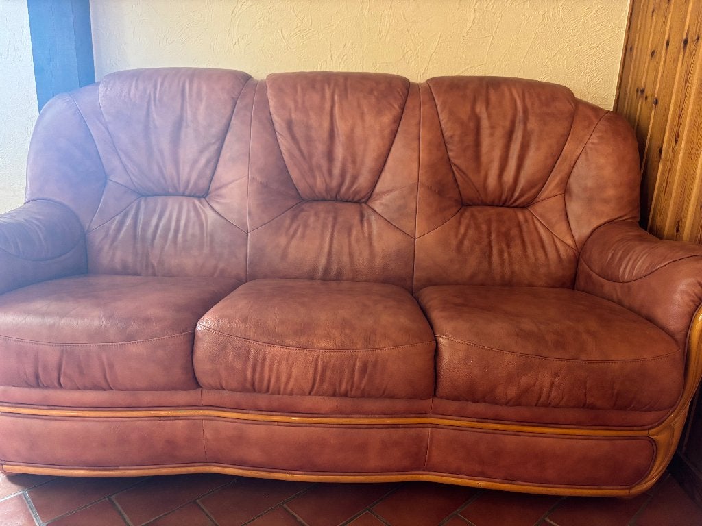 Salon en cuir 3 pièces – canapé et 2 fauteuils, 75 à 100 cm, Quatre personnes ou plus, Enlèvement, Utilisé