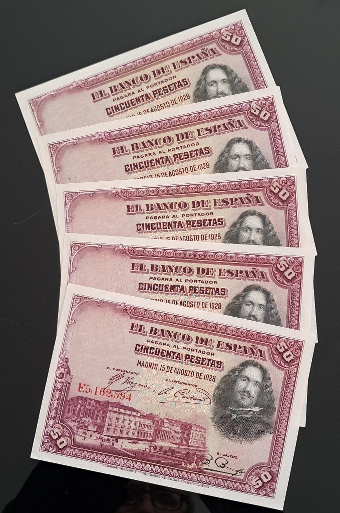 Spanje 5 X 50 Pesetas 1928 - Unc, Postzegels en Munten, Verzenden, Overige landen, Setje