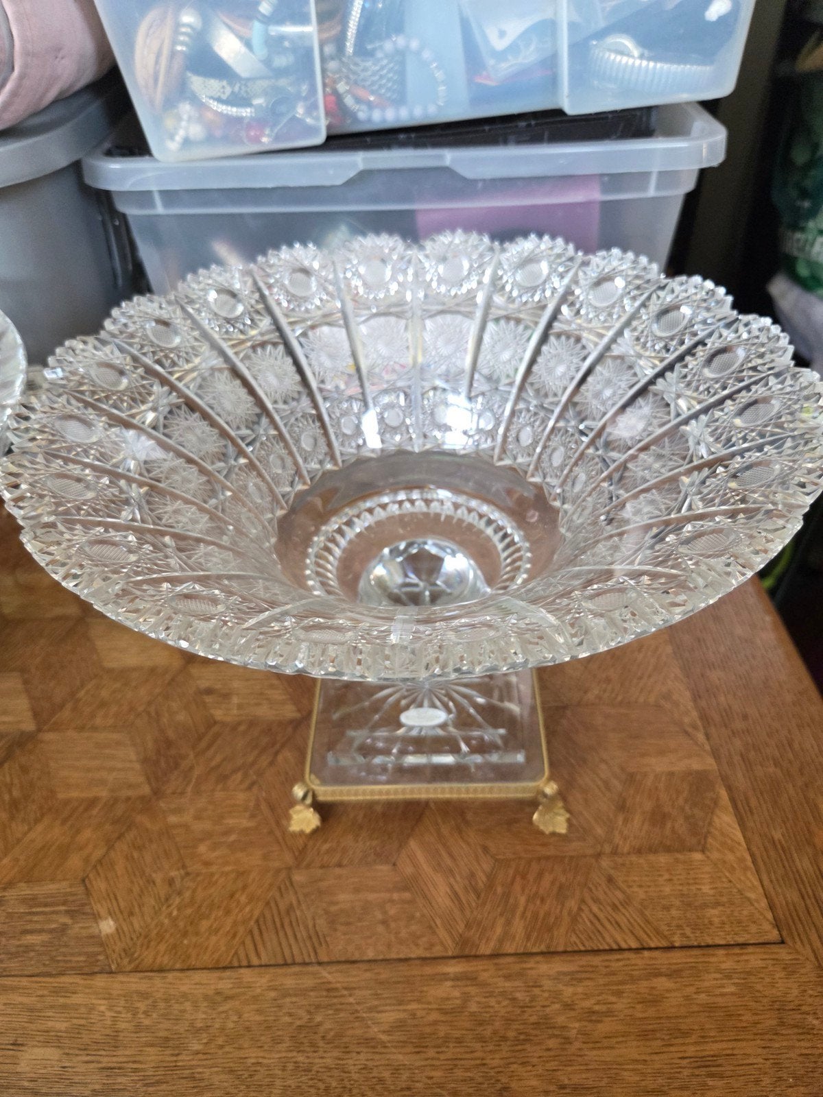 Bol à fruits vintage en cristal de Bohême sur base en laiton, Enlèvement, Verre