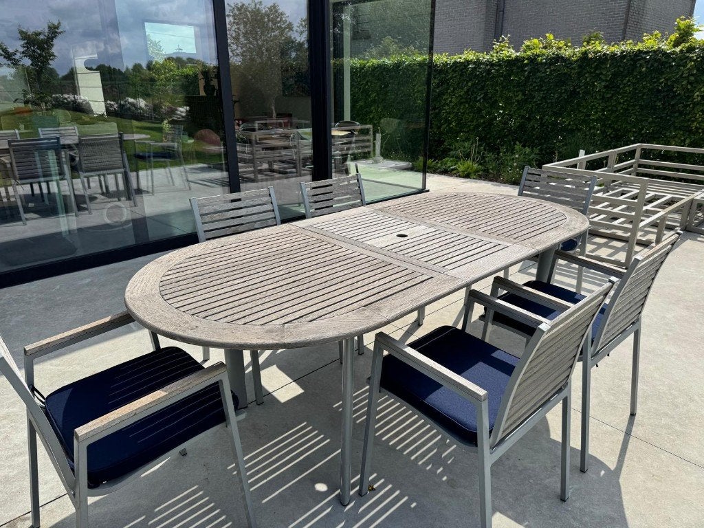 Uitschuifbare ovale tuintafel + 6 stoelen Teak/aluminium, Tuin en Terras, Ophalen, Gebruikt, Ovaal, Aluminium