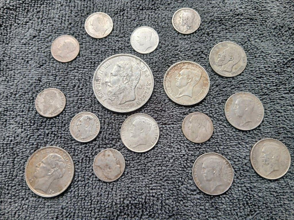 Belgisch lot van 16 zilveren munten Leopold II/Albert I, Postzegels en Munten, Ophalen of Verzenden, Zilver, Zilver