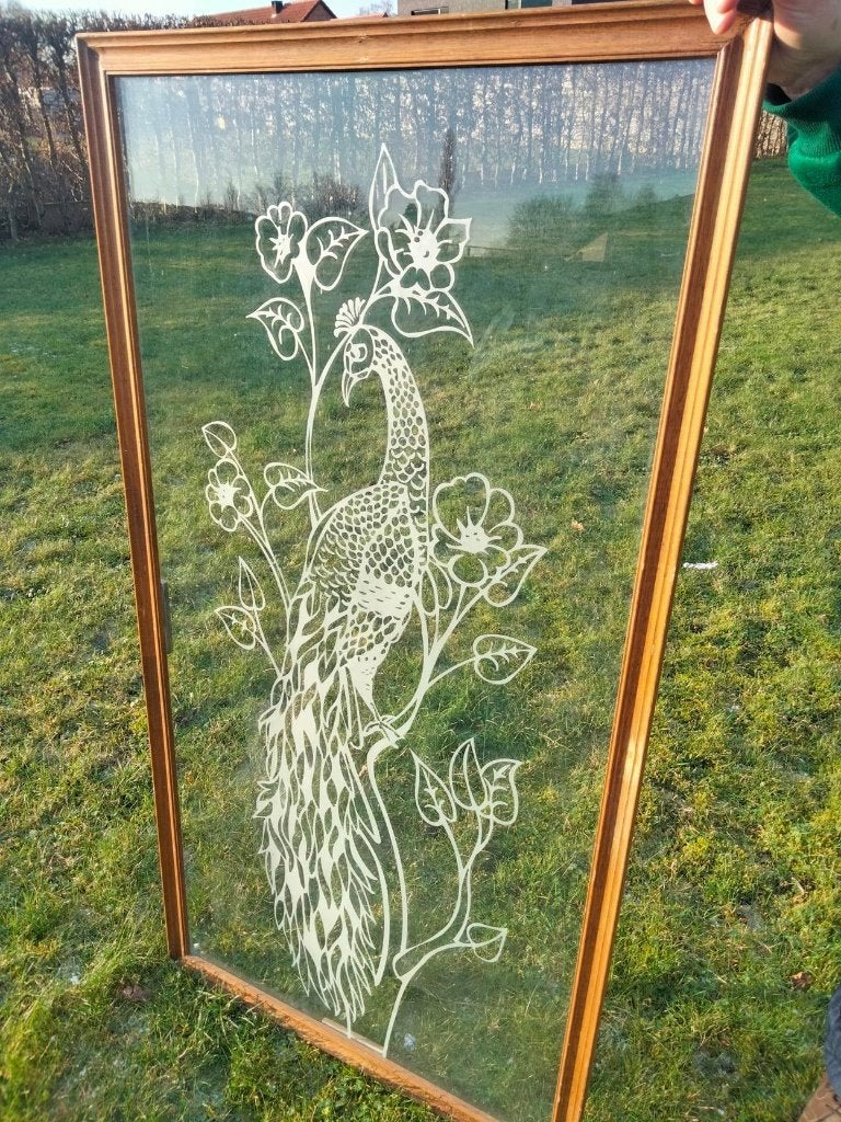 1970s groot XL kunstwerk glasraam pauw Art Nouveau stijl, Antiek en Kunst, Ophalen