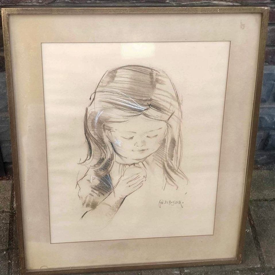 Technique mixte jeune fille signe pierre Willy de muylder, Enlèvement ou Envoi, Technique mixte
