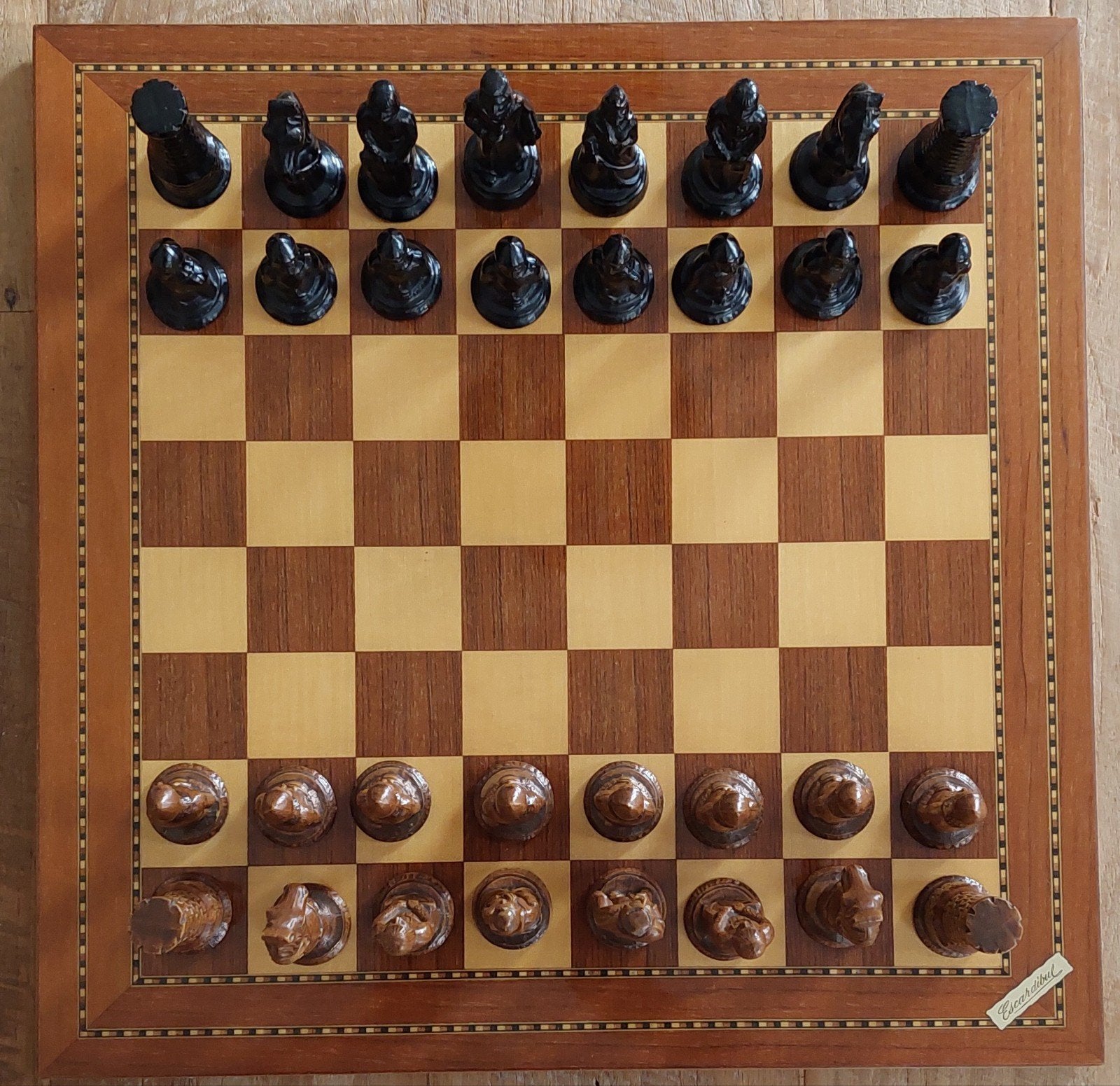 Vintage olijfhouten schaakspel Escardibul (Jaren '60/'70), Een of twee spelers, Ophalen of Verzenden, Zo goed als nieuw, Escardubil