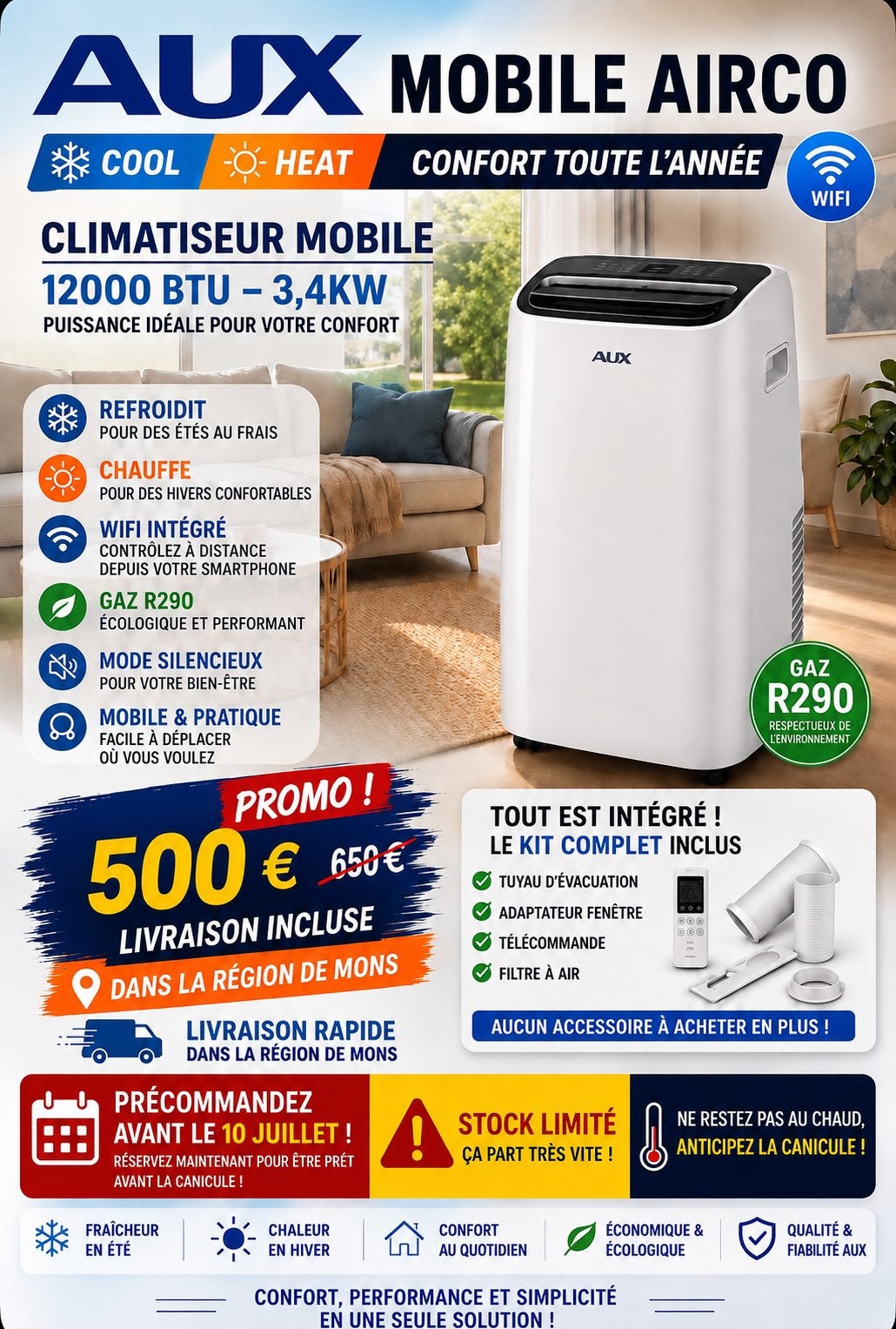 Climatiseur mobile AUX 12000 BTU (3,4 Kw) - Neuf, Chauffage, Comme neuf, Enlèvement, Télécommande