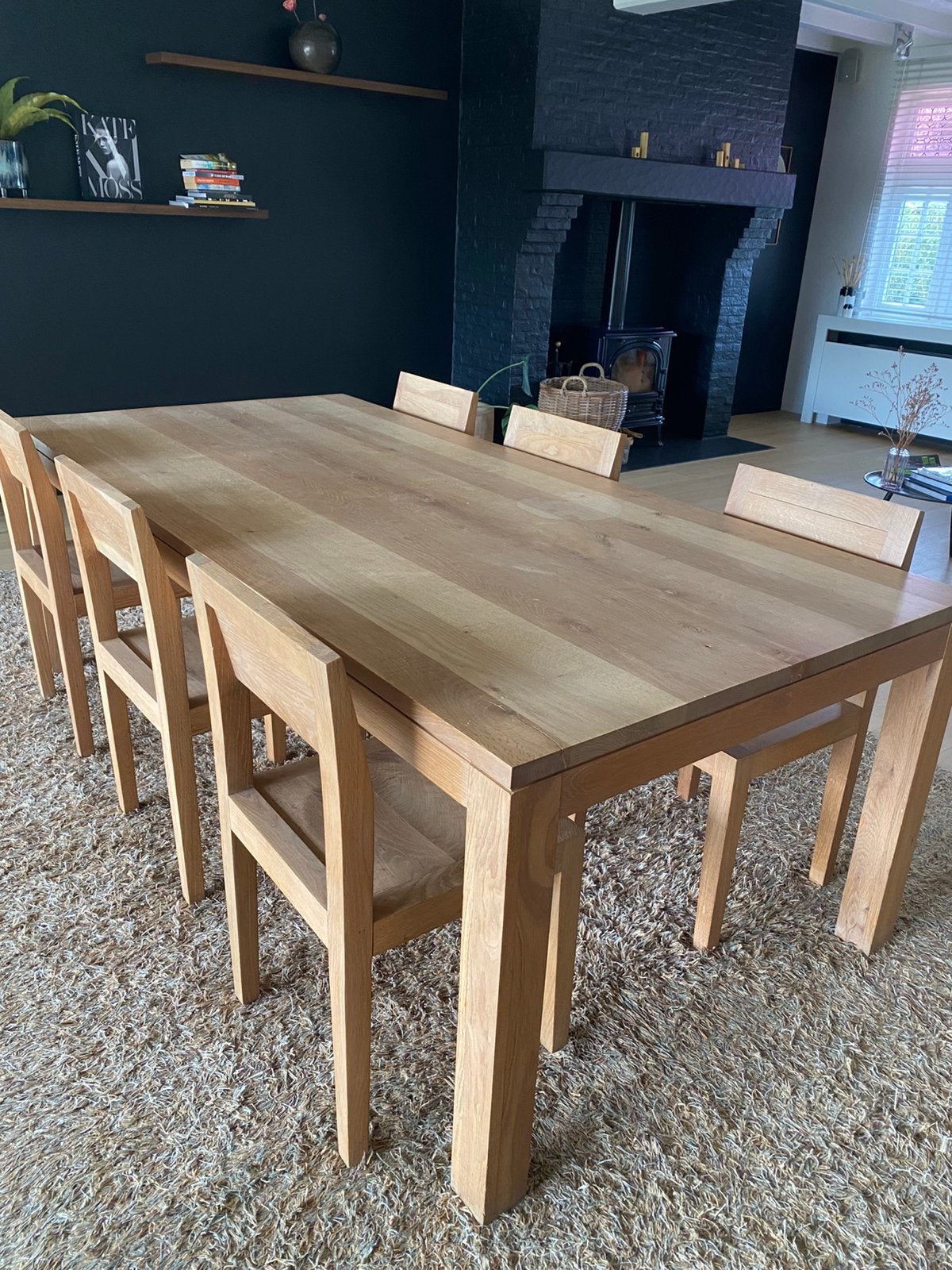 Eiken eettafel en 6 bijhorende stoelen, Ophalen, Gebruikt, Modern strak, 4 tot 6 stoelen