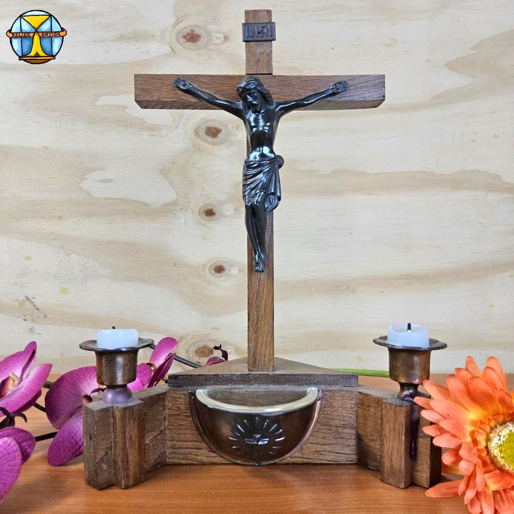 Vintage Houten Kruisbeeld met kaars Kandelaren crucifix H:28, Antiek en Kunst, Antiek | Religieuze voorwerpen, Ophalen of Verzenden