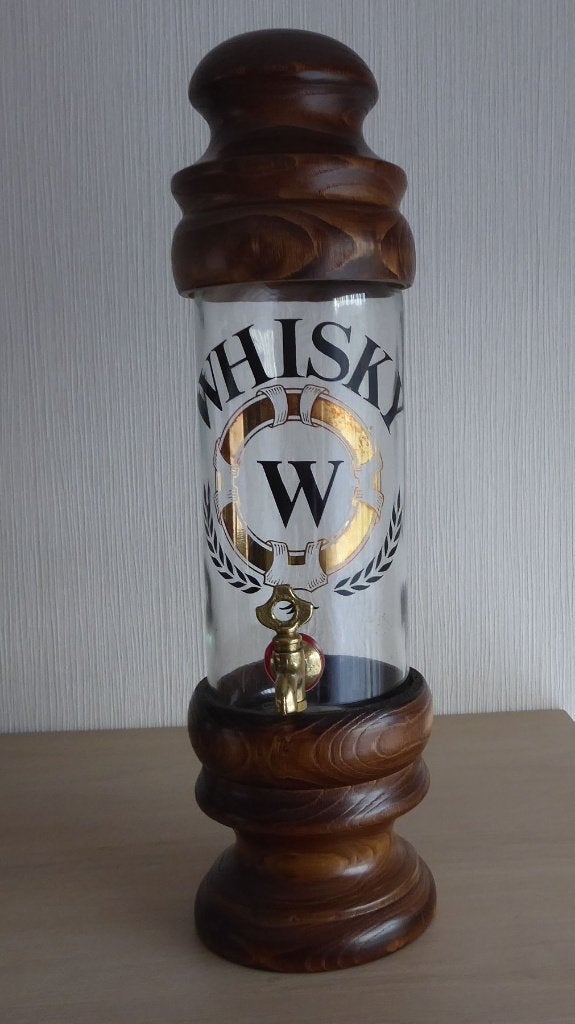 Fontaine à whisky en bois, verre et laiton - Hauteur 37cm, Enlèvement ou Envoi, Utilisé, Autres types