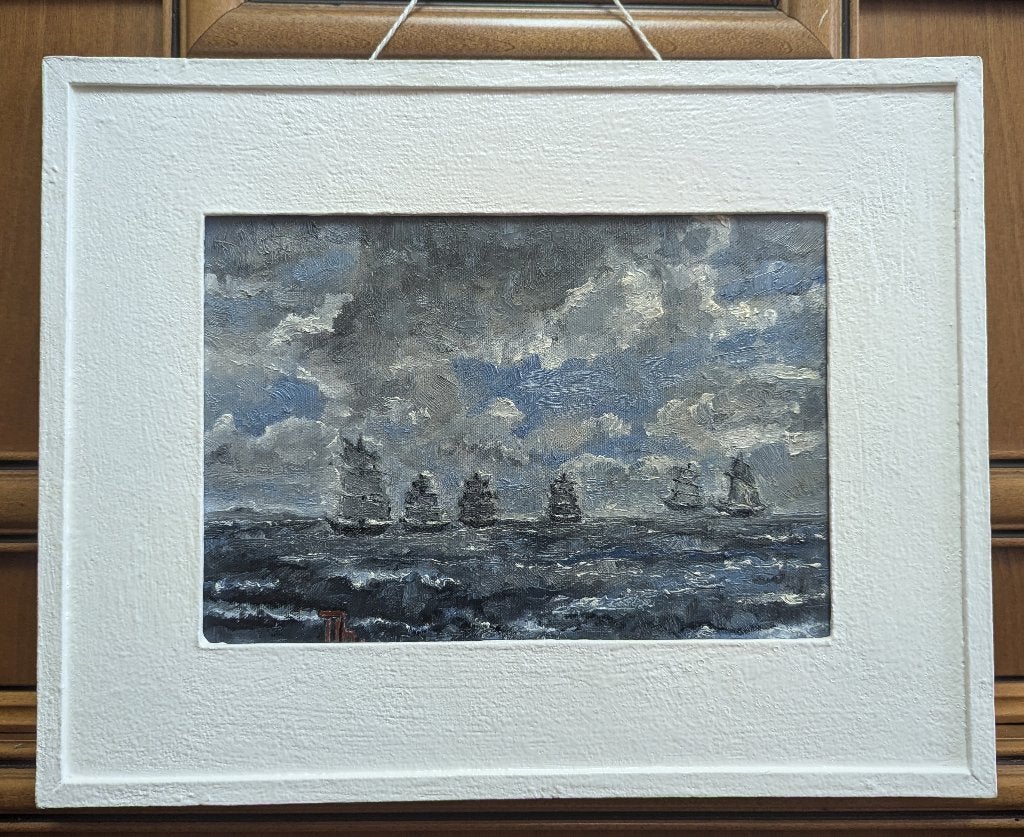 “Schepen aan de horizon” Impressionisme, Antiek en Kunst, Landschap, Handgeschilderd, Verzenden, Olieverf