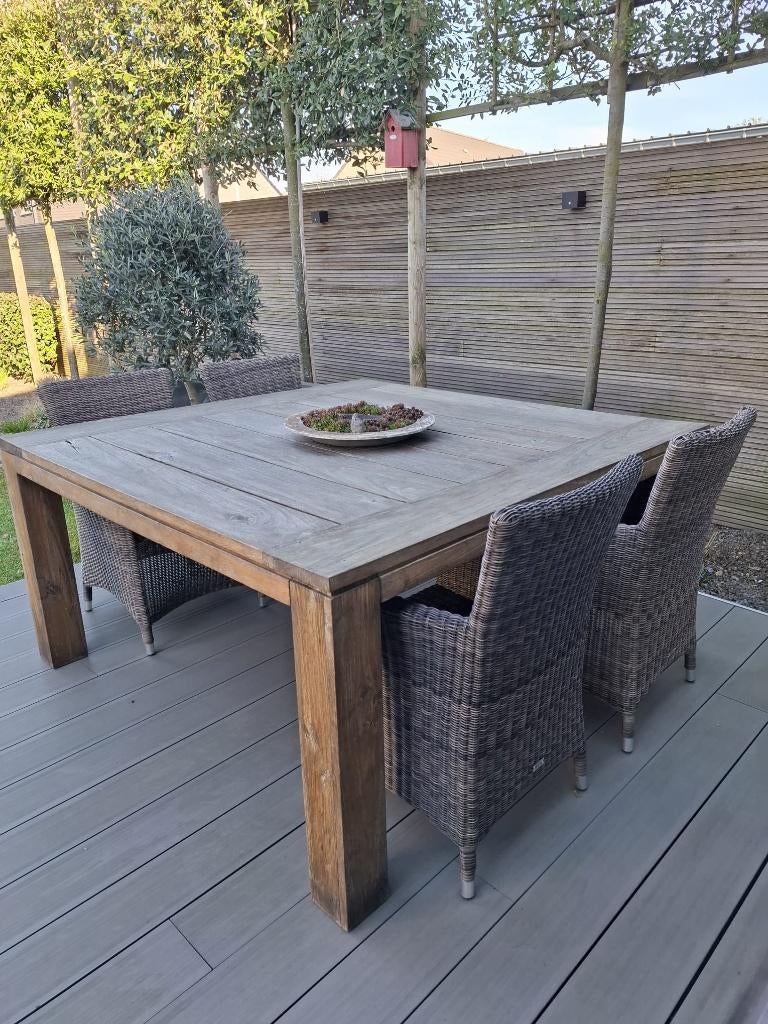 Tuintafel in teak met 6 stoelen in wicker, Ophalen, Gebruikt, Vierkant, Teakhout