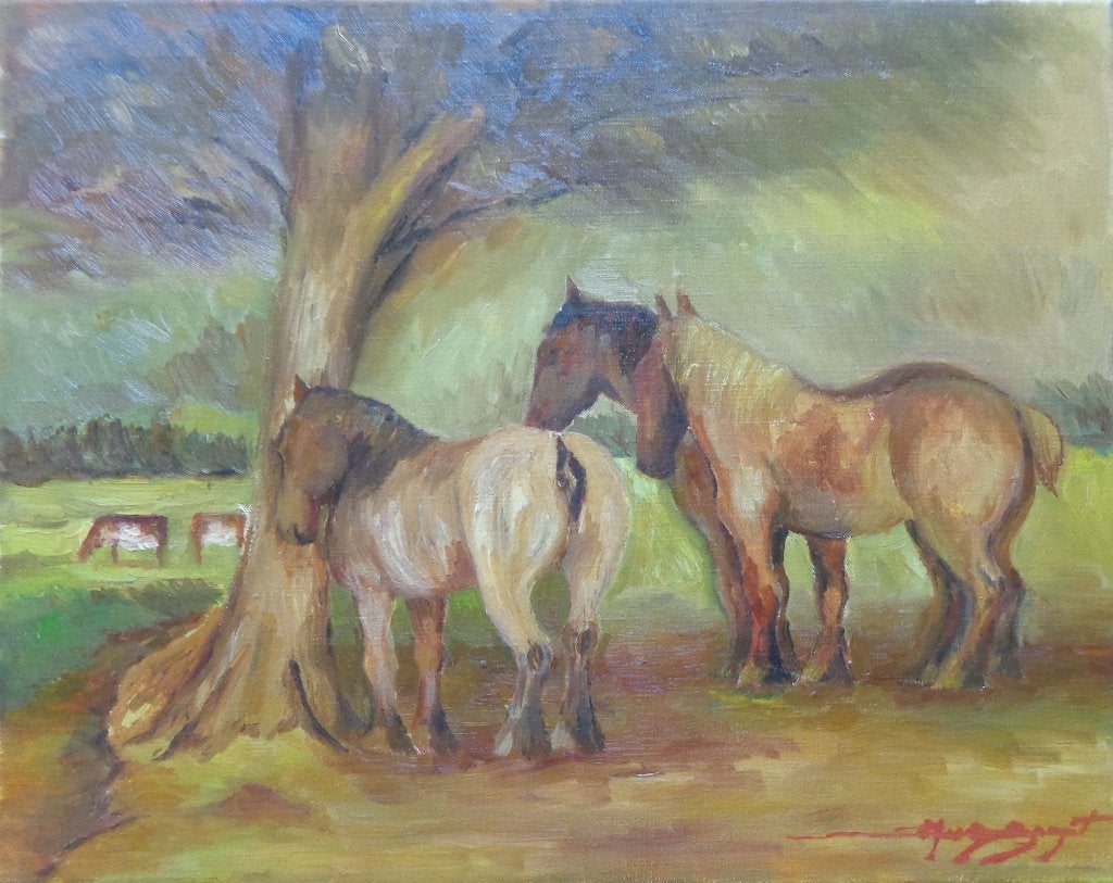 MARCEL VAN DEN BEMPT / PAARDEN / OLIEVERF / 40x50cm CHASSIS, Ophalen of Verzenden, Gesigneerd, Olieverf, Doek
