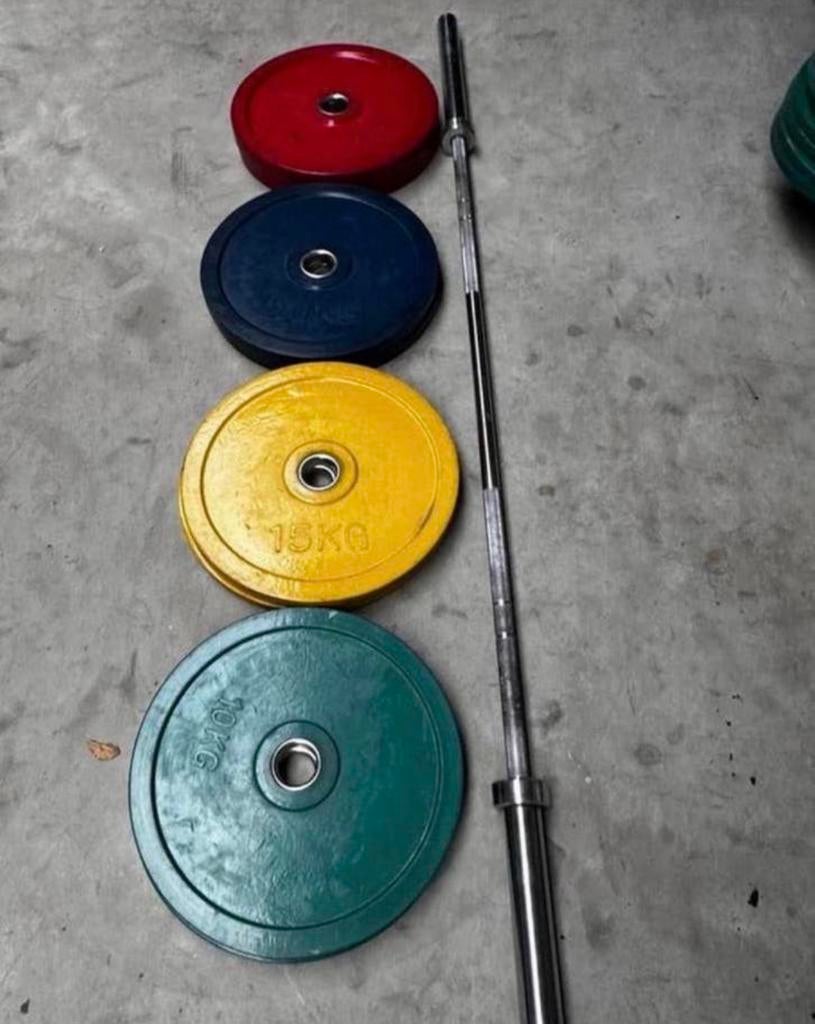 150kg Gekleurde Gewichten + Olympische Barbell 220cm, Ophalen, Gebruikt, Halterschijven