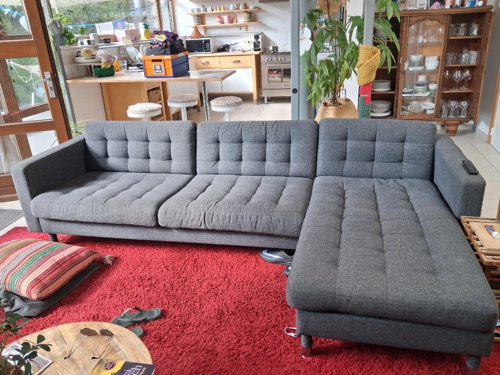 Grijze 3 zits zetel met lounge, Ophalen, Gebruikt, 125 tot 150 cm, Driepersoons