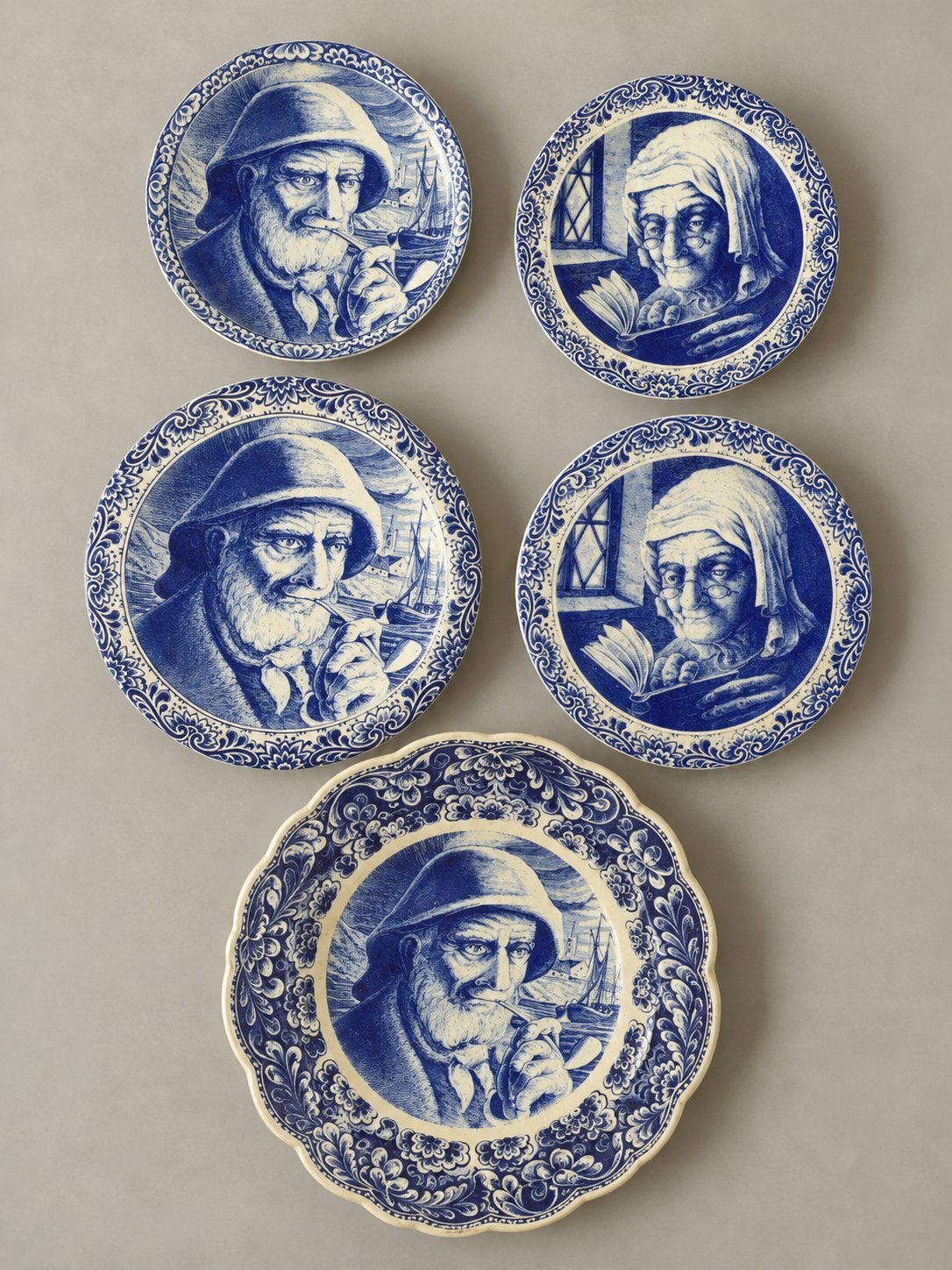 5 grote blauw-witte sierborden Boch Frères Delft, Antiek en Kunst, Ophalen
